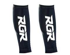 Fasce a compressione per polpacci RGR: paio di fasce a compressione nere per sport, corsa e fitness. Presentano un evidente logo RGR bianco.