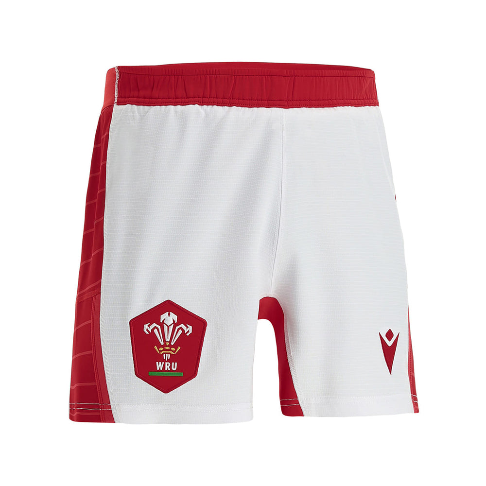 Pantaloncino Rugby Galles Home 2023: pantaloncini da rugby bianchi del Galles, divisa casalinga 2023, con dettagli rossi e logo WRU.