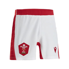Pantaloncino Rugby Galles Home 2023: pantaloncini da rugby bianchi del Galles, divisa casalinga 2023, con dettagli rossi e logo WRU.