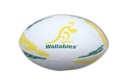 Pallone da rugby ufficiale Wallabies Australia, bianco con dettagli gialli e verdi.