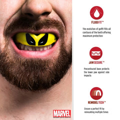 Paradenti Marvel Wolverine Safejawz: design Wolverine giallo e nero, offre la massima protezione per l'attività sportiva.