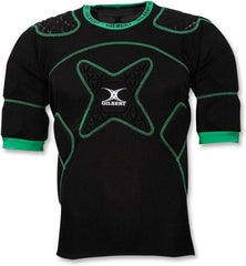 Spalline da rugby Gilbert Xact 10: maglia protettiva da rugby nera con spalle e petto imbottiti verdi per assorbire gli urti.