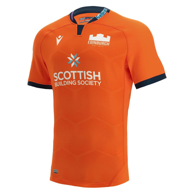 Maglia da rugby autentica da trasferta dell'Edinburgh Rugby: maglia da rugby arancione con logo della Scottish Building Society
