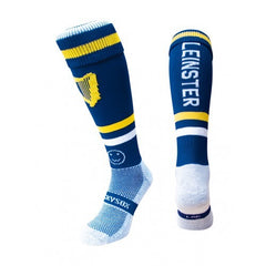 Calze da rugby Wacky Sox Leinster blu con dettagli gialli e bianchi.