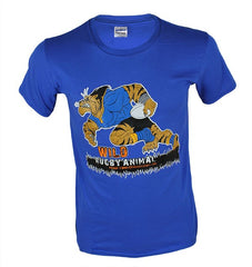 T-shirt blu con stampa di un animale selvatico del rugby che corre con la palla.