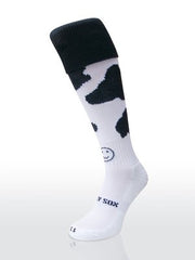 Calza Wacky Sox con stampa a mucca pazza e faccina sorridente, nero e bianco.