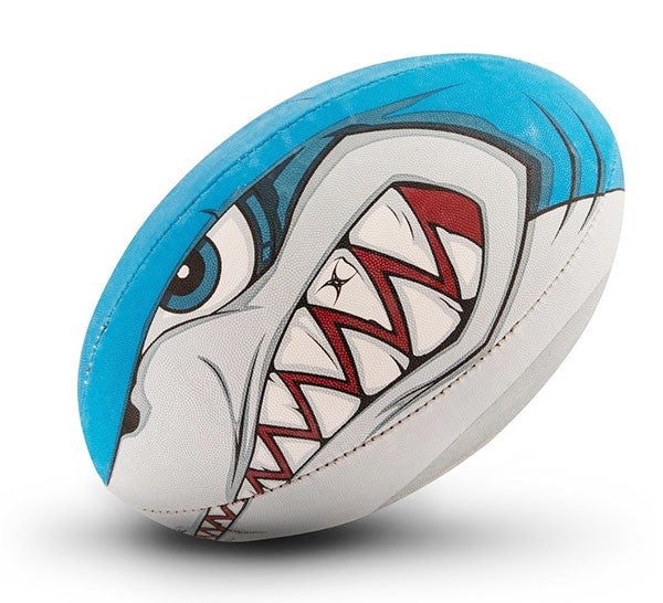 Pallone da rugby Gilbert Random Bite con design squalo aggressivo e vivace.