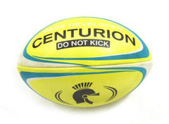 Pallone da rugby giallo e blu Centurion Pass Developer, con logo del gladiatore.