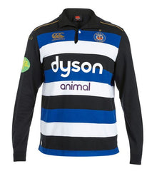 Maglia da rugby Bath Rugby a manica lunga, a strisce blu, bianche e nere, con logo Dyson.