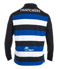 Maglia rugby Bath a manica lunga con strisce blu, bianche e nere, logo Thatchers.