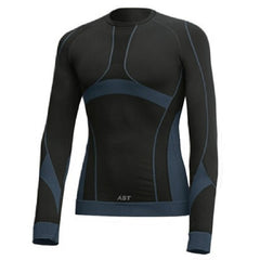 Maglia termica tecnica AST bambino nera con inserti blu, ideale per sport invernali.