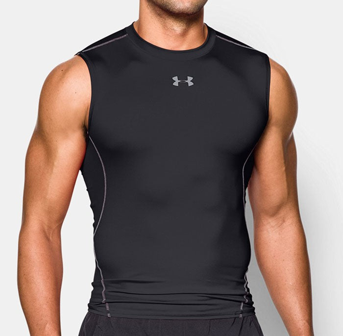 Canottiera UA HeatGear Armour nera da uomo, aderente, con logo Under Armour.