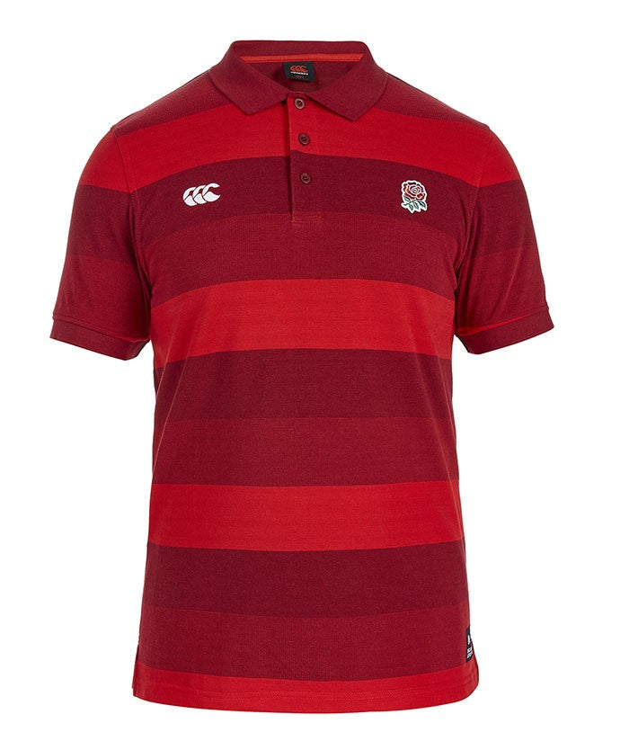 Polo da rugby Inghilterra a righe rosse, logo rosa.