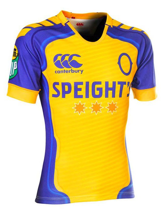 Maglia da allenamento Canterbury Otago gialla e blu con logo Speight's.
