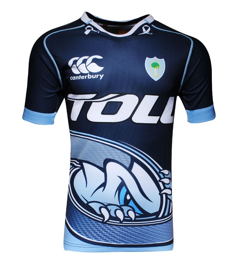 Maglia training Canterbury blu e azzurra con logo Northland e disegno di un drago stilizzato.