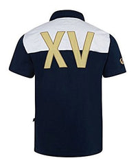 Maglia Webb Ellis Cup RWC blu con scollo bianco e scritta dorata XV sul retro.