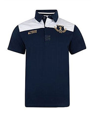 Maglia polo da rugby blu e bianca con stemma Webb Ellis Cup, edizione 2015.