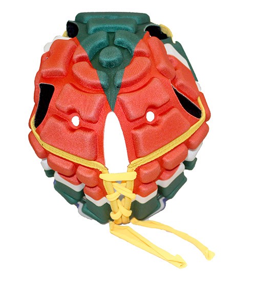 Caschetto da rugby Impact Sud Africa con lacci gialli e imbottitura protettiva arancione e verde.
