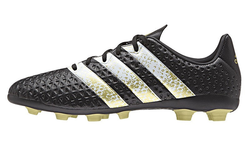 Scarpe da calcio Adidas Ace 16.4 FxG J bambino, nere con dettagli oro.