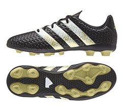 Scarpino Adidas Ace 16.4 FxG J bambino nero con dettagli oro e bianchi.