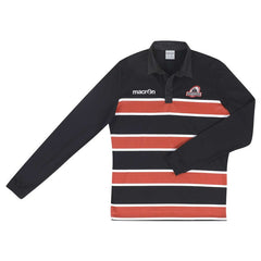 Maglia Macron Edinburgo a manica lunga, cotone, a righe rosse e bianche su sfondo nero.