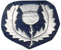 Patch scozzese ricamato con cardo bianco su sfondo blu scuro.