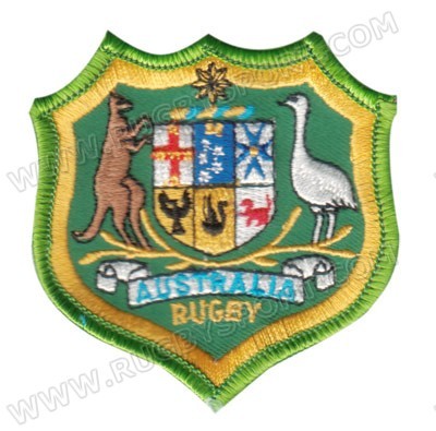 Patch ricamata Australia Rugby con canguro e emù su sfondo verde.