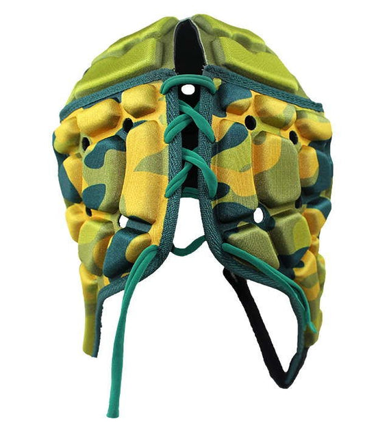 Caschetto da rugby Impact in fantasia mimetica jungle predator, con lacci verdi.