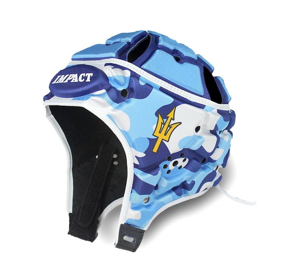 Caschetto da rugby Impact camouflage azzurro con tridente Poseidone.
