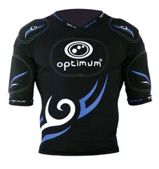 Maglia protettiva da rugby Optimum nera con dettagli tribal blu, protezione spalle e fianchi.