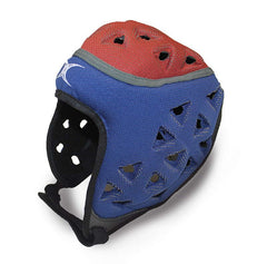 Caschetto rugby Brain Cell blu e amaranto con protezioni laterali e fori di ventilazione.