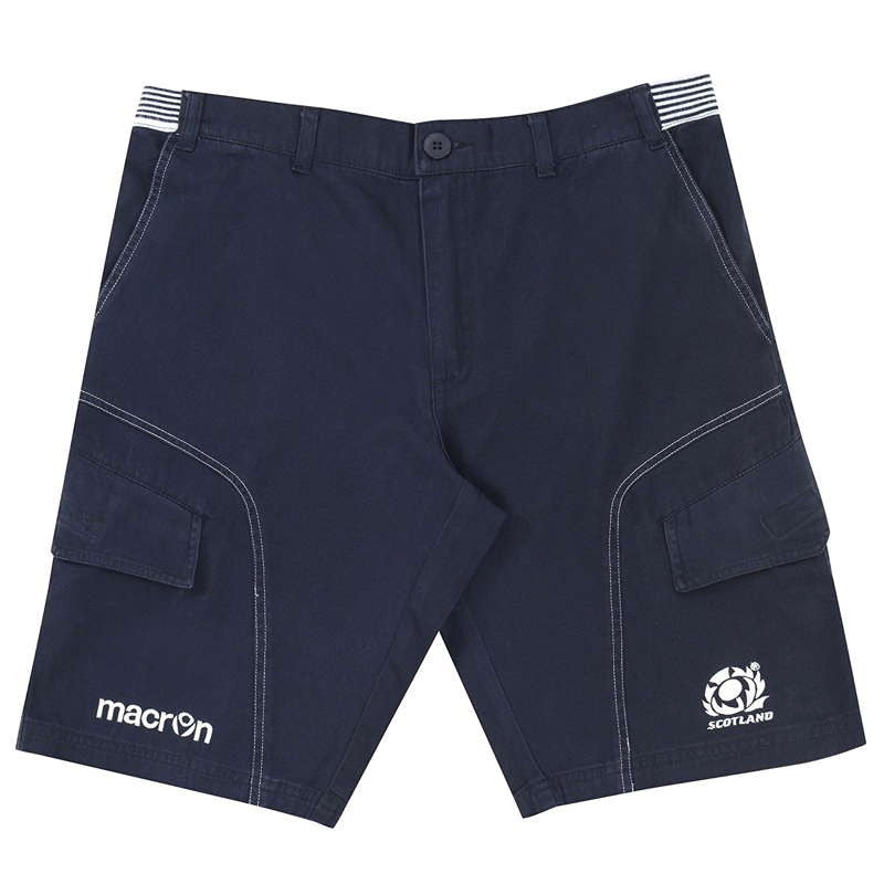 Bermuda cargo blu navy Macron bambino Scozia rugby con tasche laterali e logo.