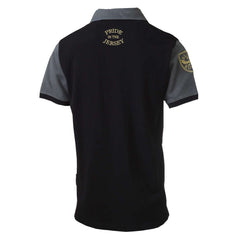 Polo rugby Nuova Zelanda vintage nera con dettagli grigi e scudo dorato.