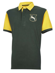 Polo rugby vintage Sudafrica verde e gialla con stemma.
