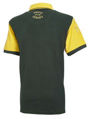 Polo rugby vintage Sud Africa verde e gialla con logo sul colletto.