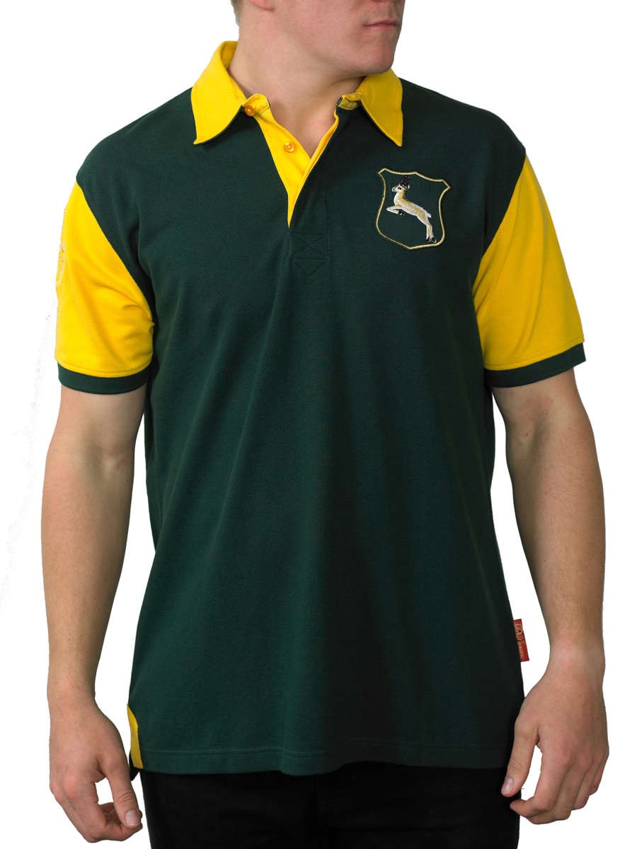 Polo da rugby vintage Sud Africa verde e gialla con stemma.