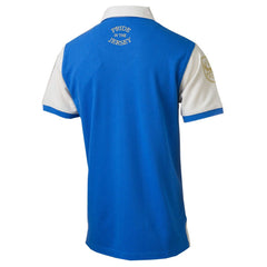 Maglia polo rugby Francia vintage blu con maniche bianche e scollo a V.
