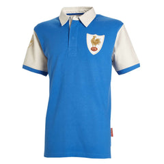 Maglia polo rugby vintage Francia blu con gallo dorato e maniche bianche.