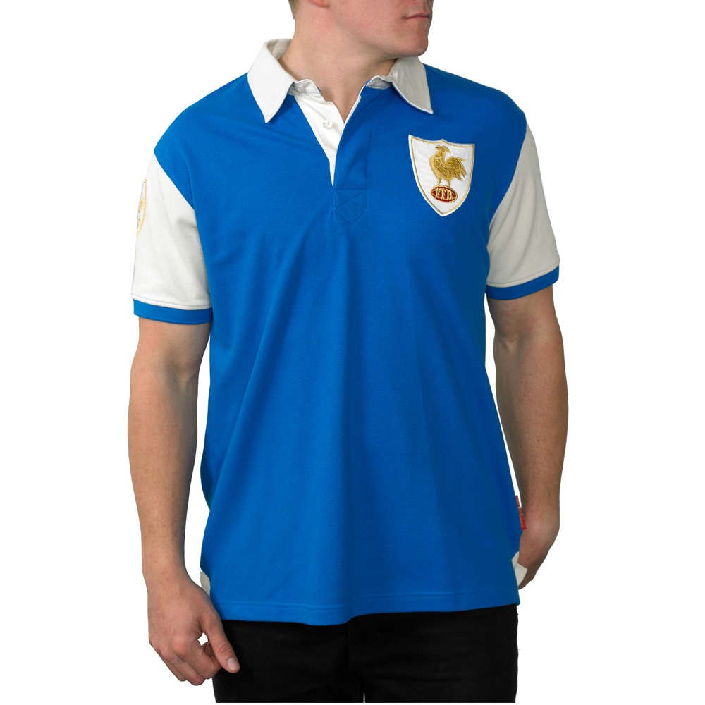 Maglia polo rugby Francia vintage blu con scudo dorato e gallo
