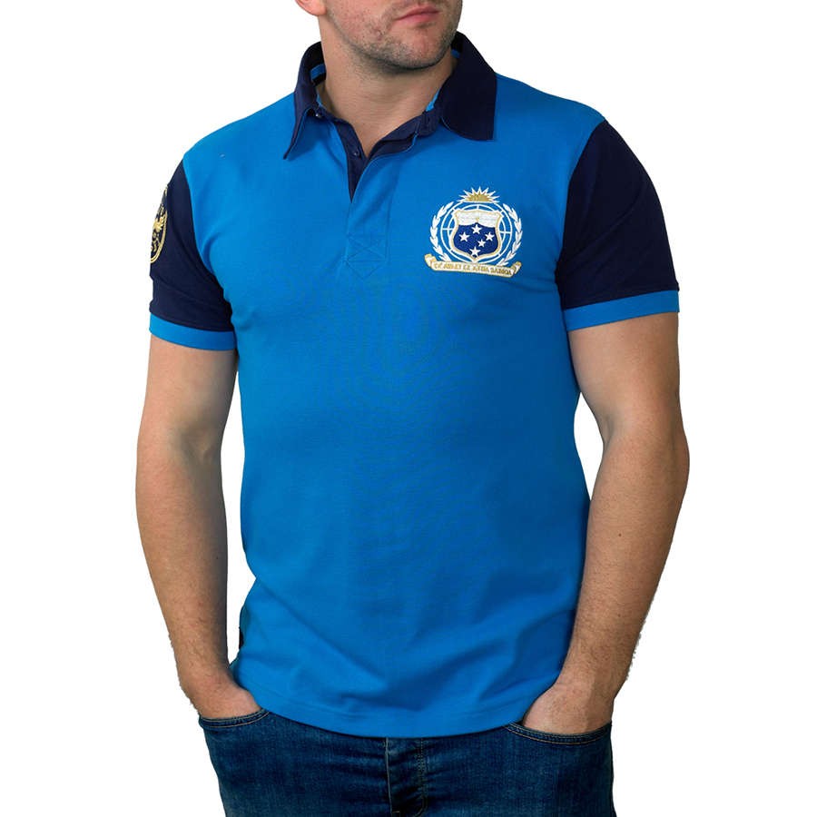 Maglia polo rugby Samoa vintage blu con stemma ricamato.