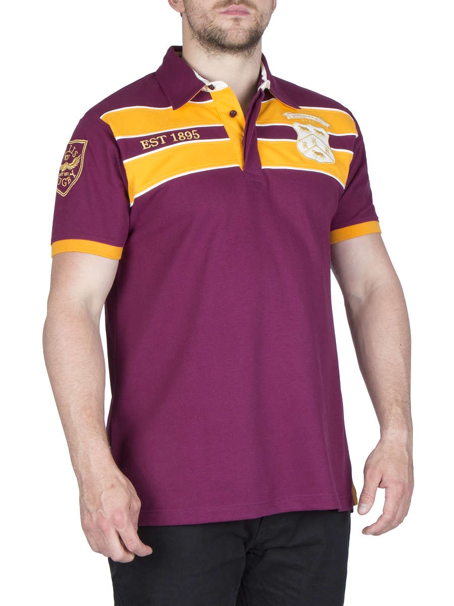 Polo da rugby vintage Huddersfield Giants bordeaux e oro con stemma ricamato.