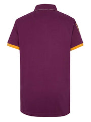 Maglia polo rugby Huddersfield Giants vintage color prugna con dettagli oro sulle maniche.