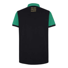 Maglia polo rugby Northampton Saints vintage nera con maniche verdi e scritta "Heart Pride Passion".