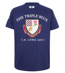 T-shirt da rugby vintage blu con stemma "The Triple Blue" e scudo.