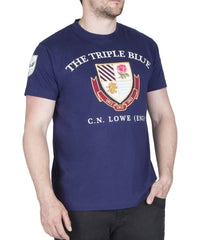 T-shirt rugby blu scuro "The Triple Blue" con stemma e scritte.