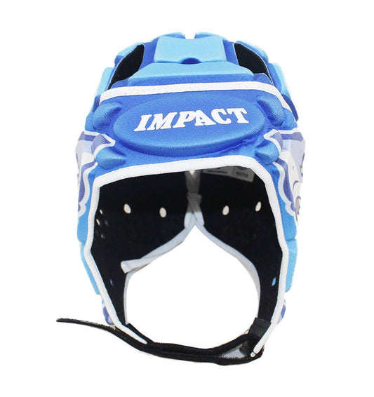 Caschetto da rugby Impact, azzurro e bianco, con logo "IMPACT" e design a squalo.