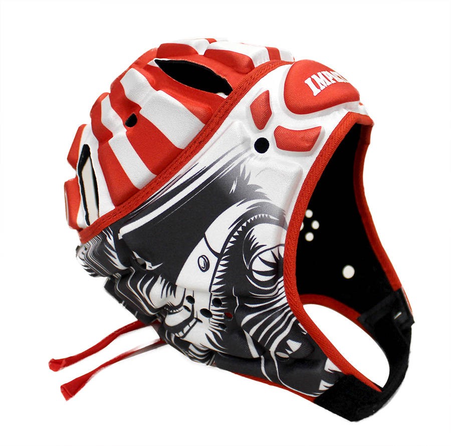 Caschetto da rugby Impact Japan Heart, rosso e bianco a righe con grafica tribale.