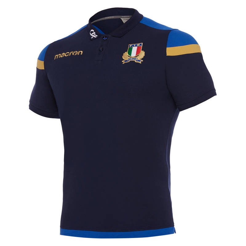 Polo Macron ufficiale Italia Rugby da uomo, blu navy con dettagli azzurri e oro.