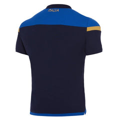 Polo da rugby ufficiale Italia Player, blu navy e blu royal con dettagli oro.