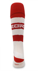 Calze da rugby RGR a righe bianche e rosse, con logo RGR visibile.